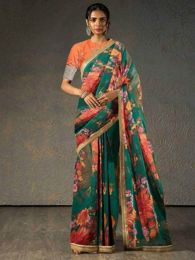 Sabyasachi Green Floral Organza Wedding Wear Saree With Blouse